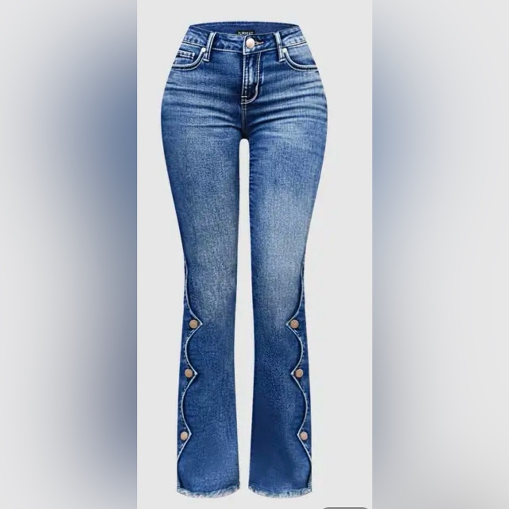 NEW ! Women’s Blue Boot Cut Jeans with Side Button Detail-Large 30-35”W/31.75” L - Picture 7 of 11